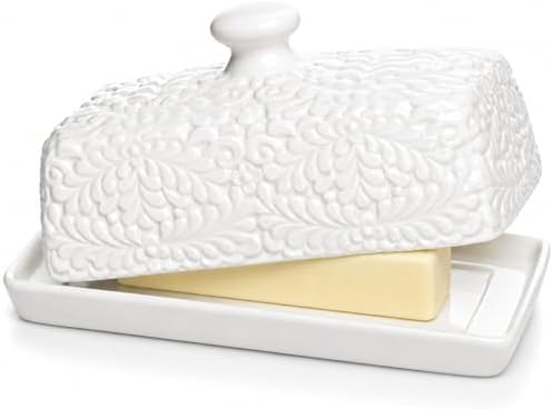 Large Ceramic Butter Dish with Lid, 7.9 x 4.1 x 3.1 Inches, Embossed