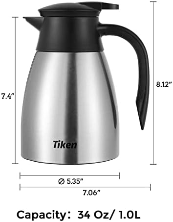 Tiken 34 Oz Thermal Coffee Carafe, Stainless Steel Insulated Vacuum