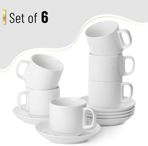 BTaT- Stackable Tea Cups and Saucers, White, Set of 6 (8 oz)