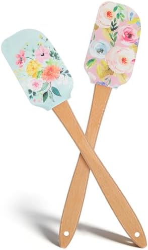 MAGICLULU 2Pcs Floral Silicone Spatula Set with Wooden Handle, Heat