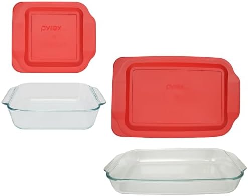 Pyrex 222 and 233 Glass Baking Dishes with Red Lids