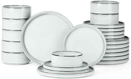 Onader Dinnerware Dishes Sets for 8, Stoneware Plates and Bowls with Unglazed Terracotta Bottom, Ceramic Kitchen Dinner Dish Set, 24 Piece - Glacier White