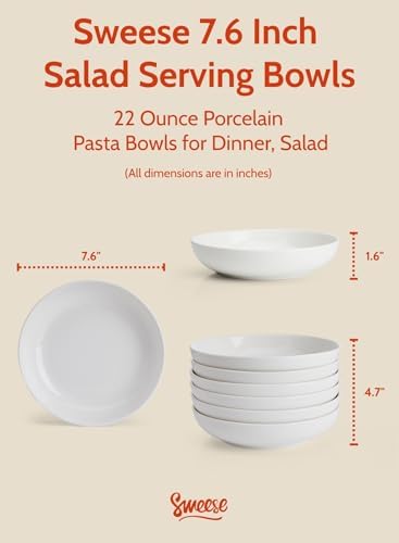 Sweese 22oz Porcelain Pasta Bowls Set of 6-7.6 Inch White Salad