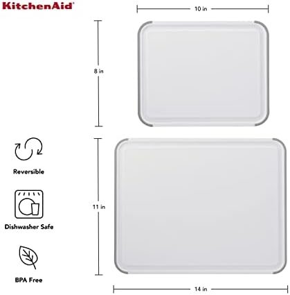 KitchenAid Classic Nonslip 2-Piece Plastic Cutting Board Set with Perimeter Trench and Non Slip Edges, 2-Piece Kitchen Chopping Boards, Dishwasher-Safe, White and Gray