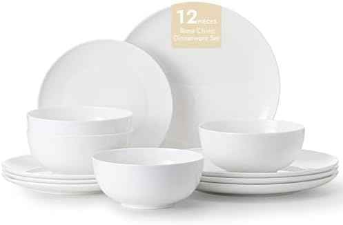 KINGSTONE Bone China Dinnerware Set for 4, 12-Piece Plates and Bowls