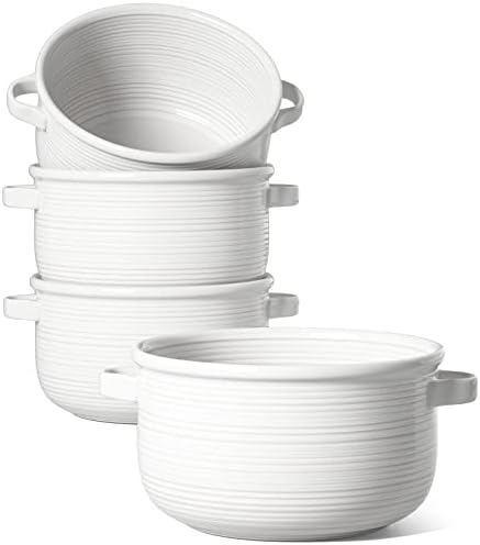 LE TAUCI French Onion Soup Bowls with Handles, 28 oz, Set of 4, White