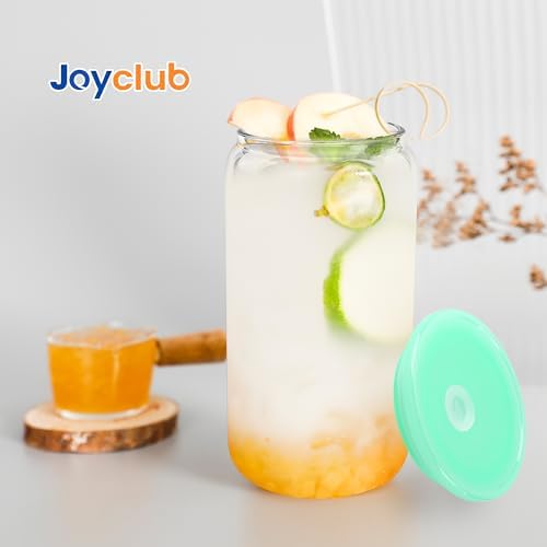 Joyclub 8pcs 16Oz Glass Cups with Acryic Lids and Straws Drinking