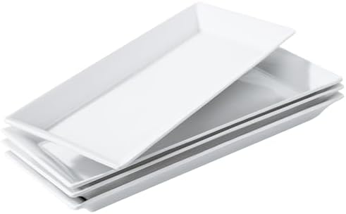 14" Rectangular Platters Set of 4, White Ceramic Platters, Large Serving Plates for Party, Entertaining, Wedding, Rectangle Serving Dishes for Steak, Sushi, Appetizer, Oven Dishwasher Safe