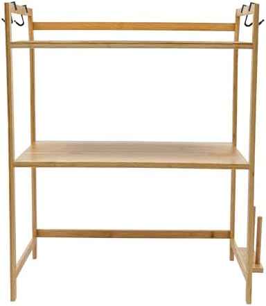 2-Tier Bamboo Microwave Shelf with 4 Hooks