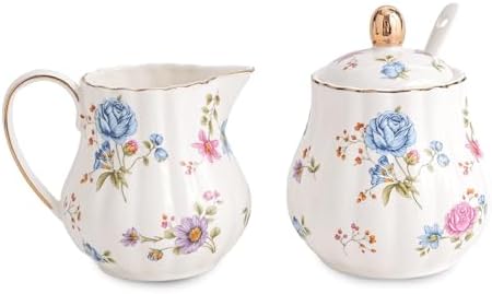 Ceramic Sugar and Creamer Set, 3 Piece Set with Cream Pitcher, Sugar