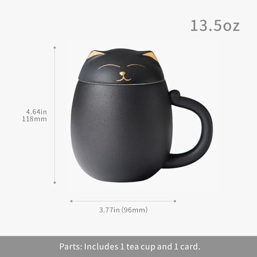 HEER Black Cat Ceramic Tea Mug 13.5oz with Infuser and Lid, Black