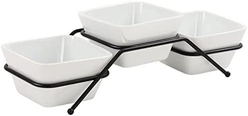 Buyajuju 3 pcs square bowl Porcelain Chip & Dip Serving Set With Black Metal Stand,4.5 inch White Small Serving Bowls for Side Dishes, Salsa, Appetizer, Serving Dishes for Entertaining 11.5 OZ