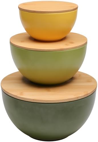 ECOWAY Salad Bowl Set of 3 with Bamboo Lids, Mixing Bowl Set, Nesting