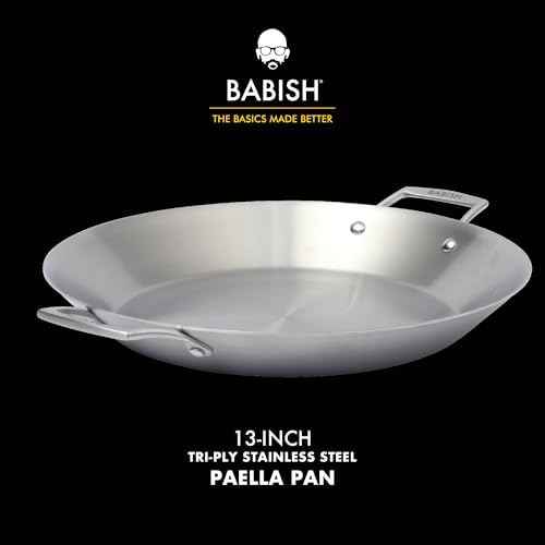 Babish 13 Inch Tri-Ply Stainless Steel Paella Pan, Large Skillet