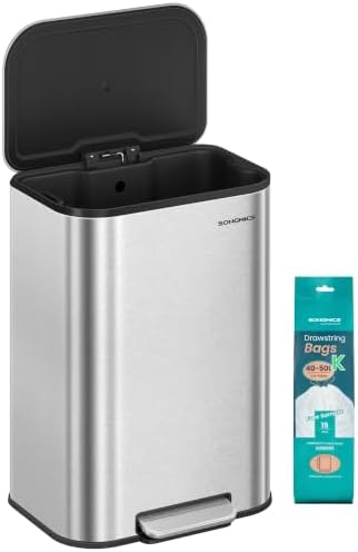 SONGMICS Kitchen Trash Can, 13-Gallon, Stainless Steel