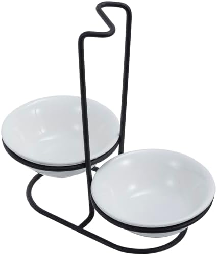 MyGift Ceramic Spoon Rest with Black Metal Stand, 2 Bowls, for Stove