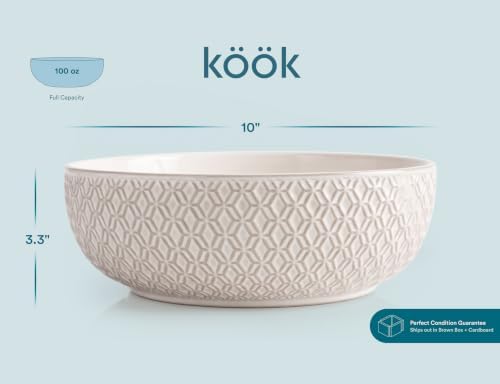 KooK Ceramic Serving Bowls, Embossed, Oven Safe, Set of 2, Ivory