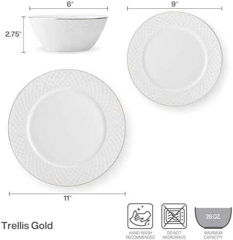 Mikasa Trellis Gold Rim Bone China Lightweight Chip Resistant 12 Piece Dinnerware Set, Service for 4