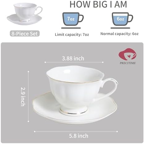 6oz White Ceramic Tea Cup and Saucer Set, Set of 8 with gold rim