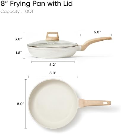 CAROTE Non Stick Frying Pan, 8 Inch Cream White Skillet with Glass Lid