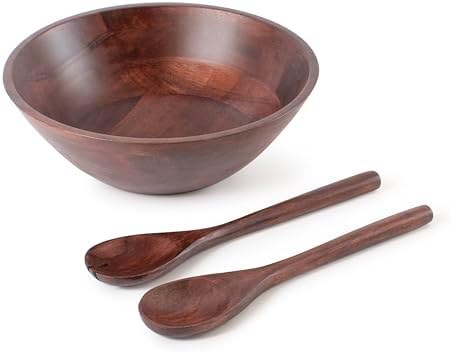 Luxe Designs 12" Dark Burnt Wooden Salad Bowl Set with Serving