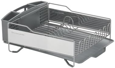 KitchenAid Large Capacity Full Size Rust Resistant Dish Rack with Angled Drain Board and Removable Flatware Caddy, Light Grey