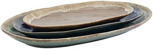 Tabletops Gallery Tuscan Collection Reactive Glaze 3 Piece Oval Stoneware Serving Trays Platters Kitchen Serveware, Blue Teal Green Brown
