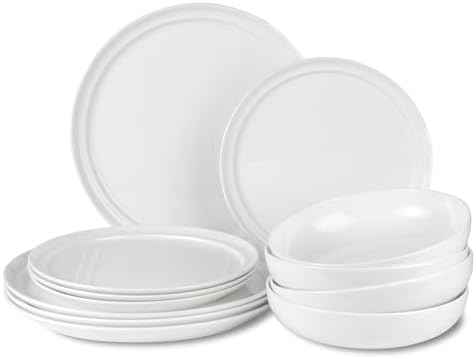 Lafayette St. Fine Bone China 12 Piece Dinnerware Set, Service For 4; Elegant Lightweight Ivory White Plates & Bowls with a Gloss Finish; Microwave & Dishwasher Safe