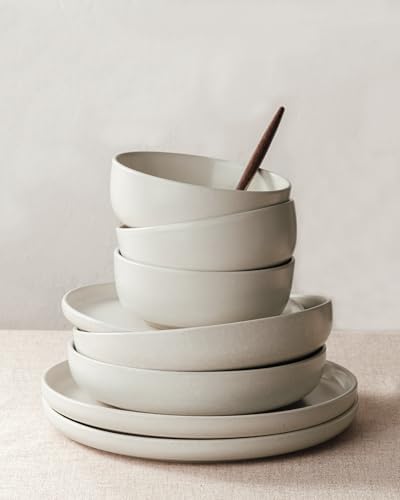 Famiware Milkyway 24-Piece Stoneware Dinnerware Set, Matte Beige White