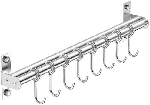 ASkinds Utensil Hanging Rack Stainless Steel Rail Hanger Rod Wall Mounted Pot Pan Lid Holder Cookware Storage Organizer with Sliding Hooks for Kitchen Bathroom