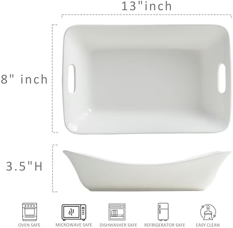 LEHAHA Large Serving Bowls with Handles, Set of 2 White Porcelain Bowl Set, Durable Ceramic Salad Bowls, 2 Quarts Rectangular Serving Platter for Turkey, Fruit Salad Serving Dishes for Entertaining