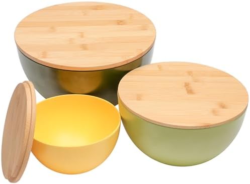 ECOWAY Salad Bowl Set of 3 with Bamboo Lids, Mixing Bowl Set, Nesting