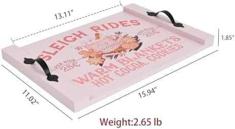 Pastel Pink Christmas Wooden Serving Tray with Metal Handles, Sleigh