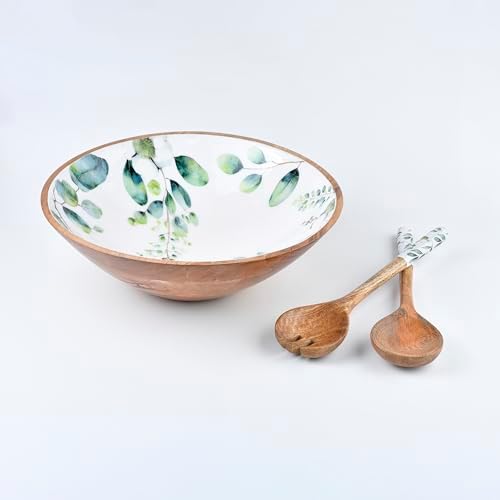 12.5" Large Wooden Salad Bowl with Servers, 3 Piece Wood Serving Bowl