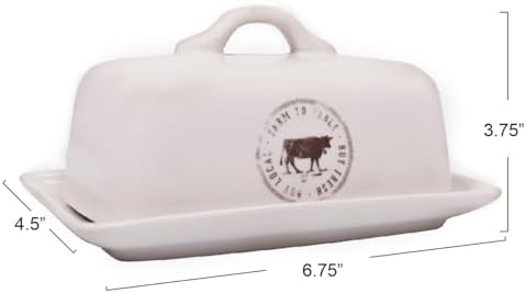 Creative Co-Op Stoneware Butter Dish with Cow Stamp and Farm-to-Table