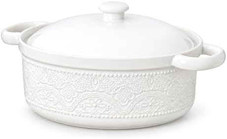 FE Casserole Dish with Lid, 2 Quart Ceramic Baking Dish, Bright White