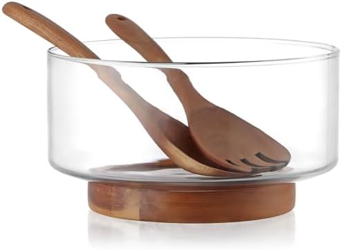 MDLUU Large Glass Salad Bowl with Wood Utensils Set, Serving Bowls for