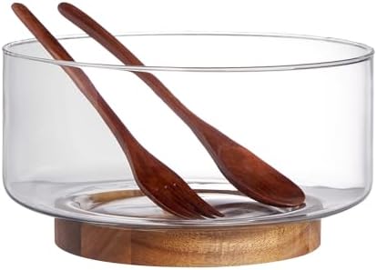 LiTY Glass Salad Bowl Set, 9′′ Medium Salad Servers with Acacia Wood