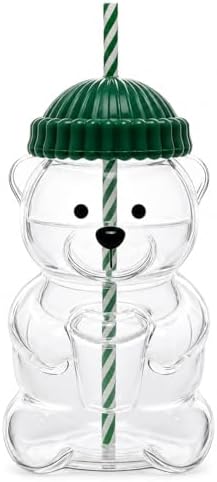 Cute Bear Glass Tumbler with Lid and Straw, 20 oz, Green