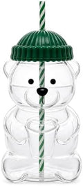 Cute Bear Glass Tumbler with Lid and Straw, 20 oz, Green