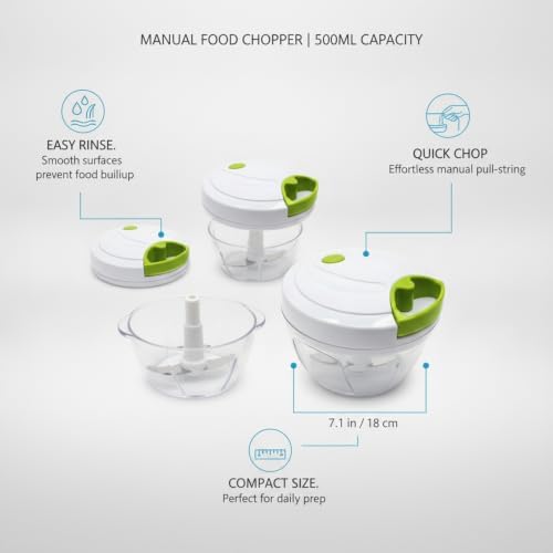 Manual Pull-String Food Chopper with 500ml Bowl, Compact Kitchen