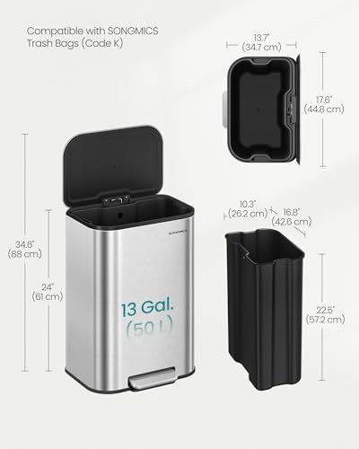 SONGMICS Kitchen Trash Can, 13-Gallon, Stainless Steel