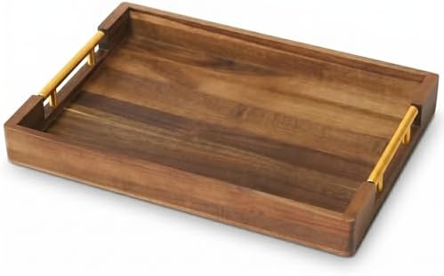 Acacia Wood Serving Tray with Golden Handles, 17" Wooden Tray for