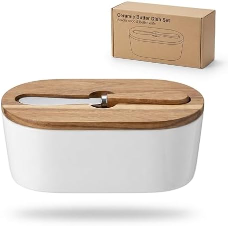 Butter Dish with Lid – Acacia Wood Cover & Ceramic Base, Butter Holder