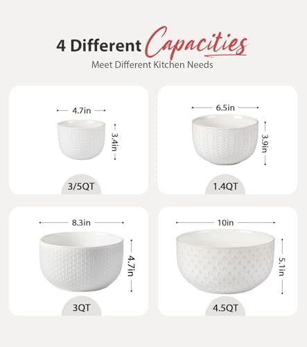 Lareina Ceramic Mixing Bowls Set of 4, Large Serving Bowls, Ivory White