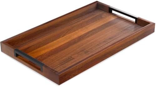 Acacia Wood Serving Tray with 2 Silicone Mats & Handles, 16.5"x12"