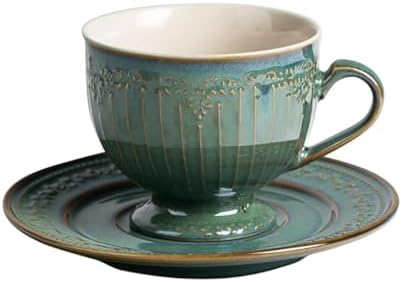 WAIT FLY Vintage Embossed Ceramic Coffee Mug with Saucer Set, Espresso