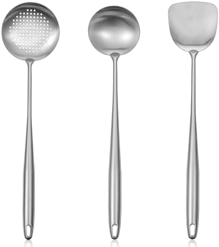 17” Wok Spatula and Ladle, Skimmer Spoon,Stainless Steel Wok Tools