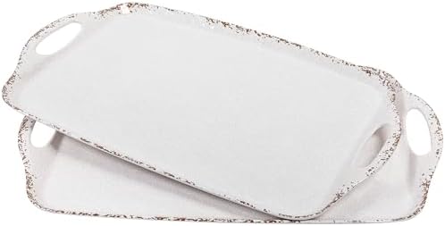 Farmhouse White Melamine Serving Tray with Handles, Set of 2