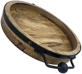 12 Inch Round Wooden Serving Tray with Metal Handles Rustic Natural